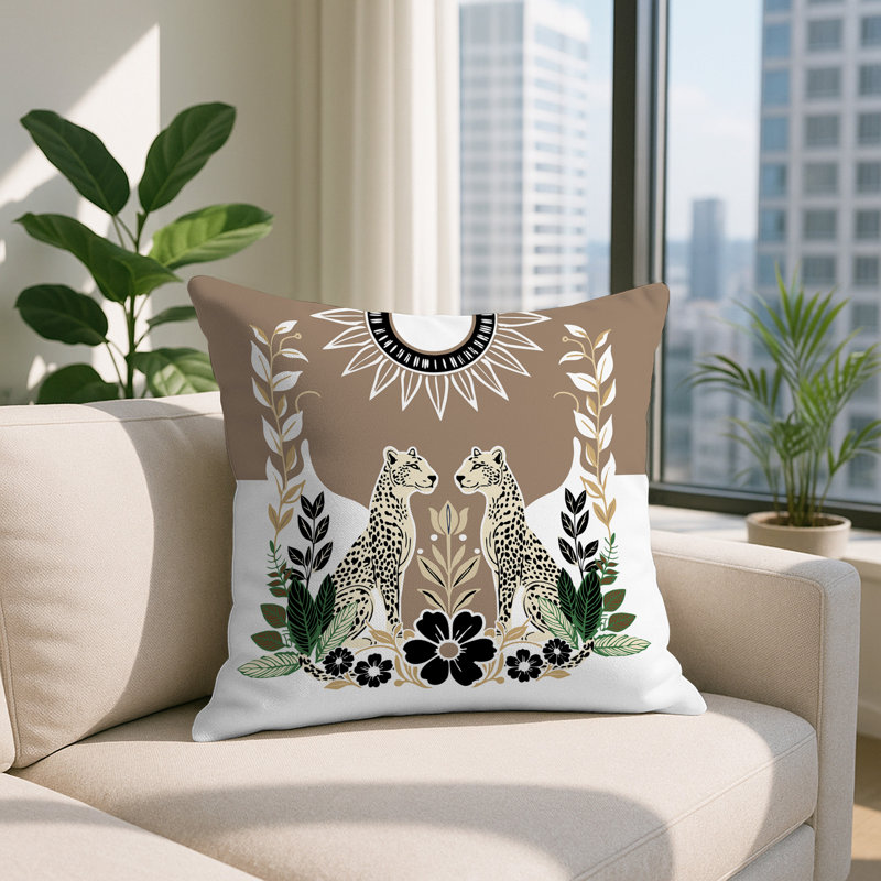 Oreiller carré réversible intérieur / extérieur Spoke Leopard, Carré 16 po, Beige