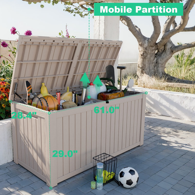 Outdoor Storage Box, 180 Gallon Deck Box, Waterproof And Uv Resistant Large Resin Storage Bin, Light Brown