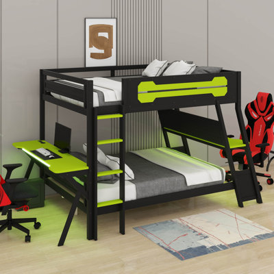 Gaming Bunk Bed With Two Built-In Gaming Desks, USB Desktop Ports & Pegboard Organizer