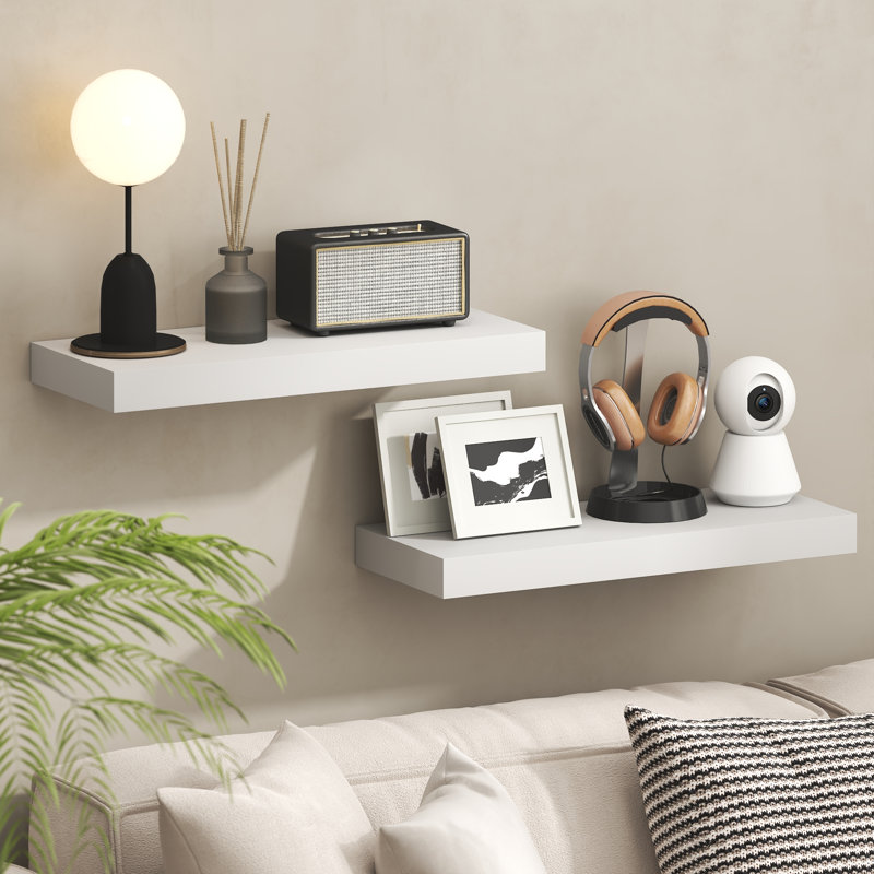 Furinno TANNA Floating Shelves for Wall, 9 x 24 Wall Shelf, Wall Mounted Floating Shelf with Invisible Brackets, 2-in Thick Shelf, for Bathroom, Living Room, Bedroom, Home Office, White