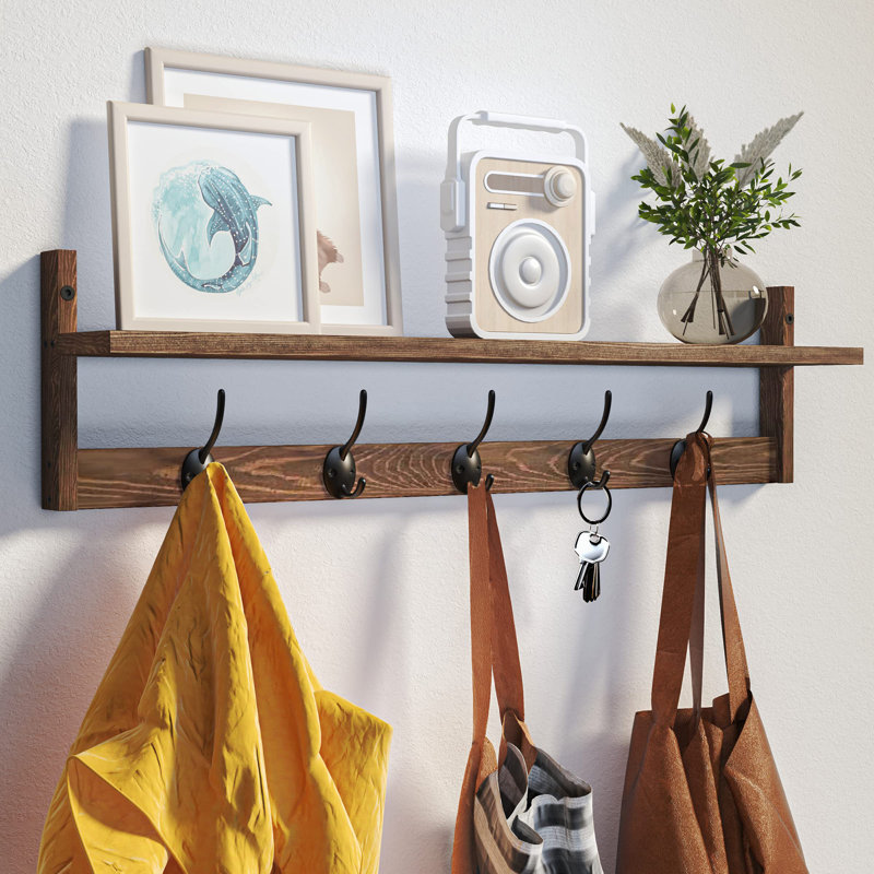 Wall-Mounted Shelf with Hooks, Brown