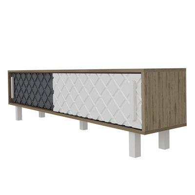 Modern TV Stand with Wall-Mount Option, 100% Melamine Coated Particle Board, Oak, White & Anthracite | Dimensions: 70.9 x 19.0 x 13.8 inches | Membrane Coated Doors, Additional Storage & Numerous Shelves, Stylish Geometric Design