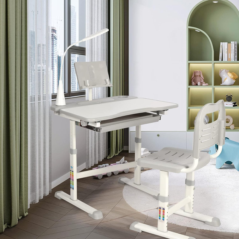 Ensemble de bureau et de chaise pour enfant réglable avec plateau inclinable, tiroir et lampe d'étude à DEL, Gris