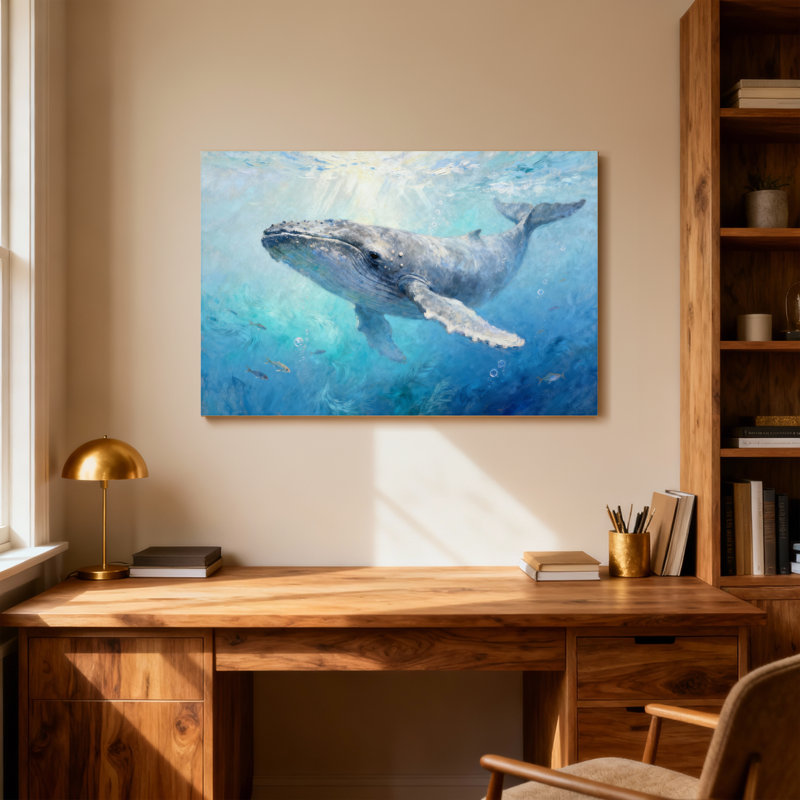 Animaux, baleine nageant sous l'eau - scène de l'océan bleu, H 24 po x l 36 po