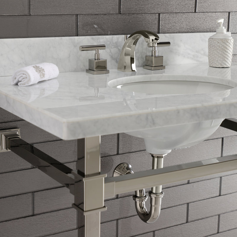 Kingston Brass Monarch 36-Inch Carrara Marble Console Sink with Stainless Steel Legs (8-Inch, 3-Hole)