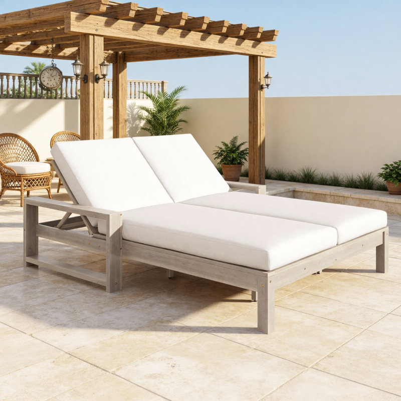 Chaise longue pour 2 personnes en bois massif avec dossier réglable à 5 positions, Gris