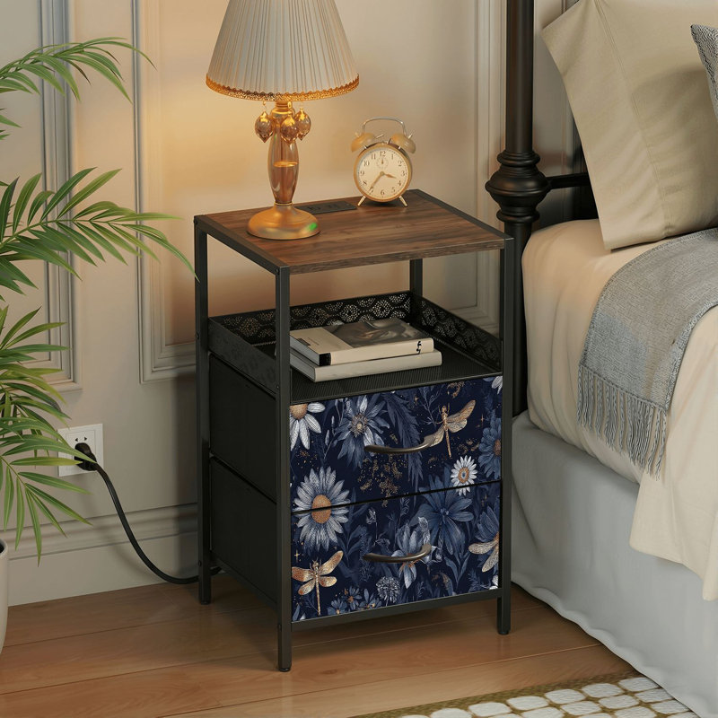 Table de chevet 2 tiroirs avec station de charge, table de chevet de chambre à coucher avec ports USB et prises ouvertes - tablette noire