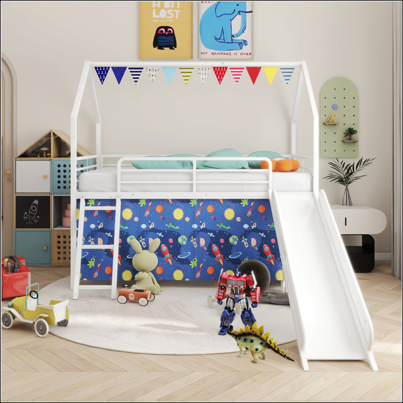 Twin Loft Bed With Slide And Curtain Set, White/Blue
