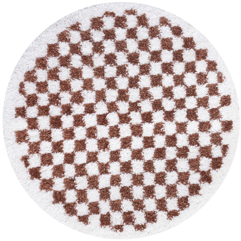 Moodi Modern Shaggy Area Rug Checkered Design, Round 120 cm, Off-White/Terra