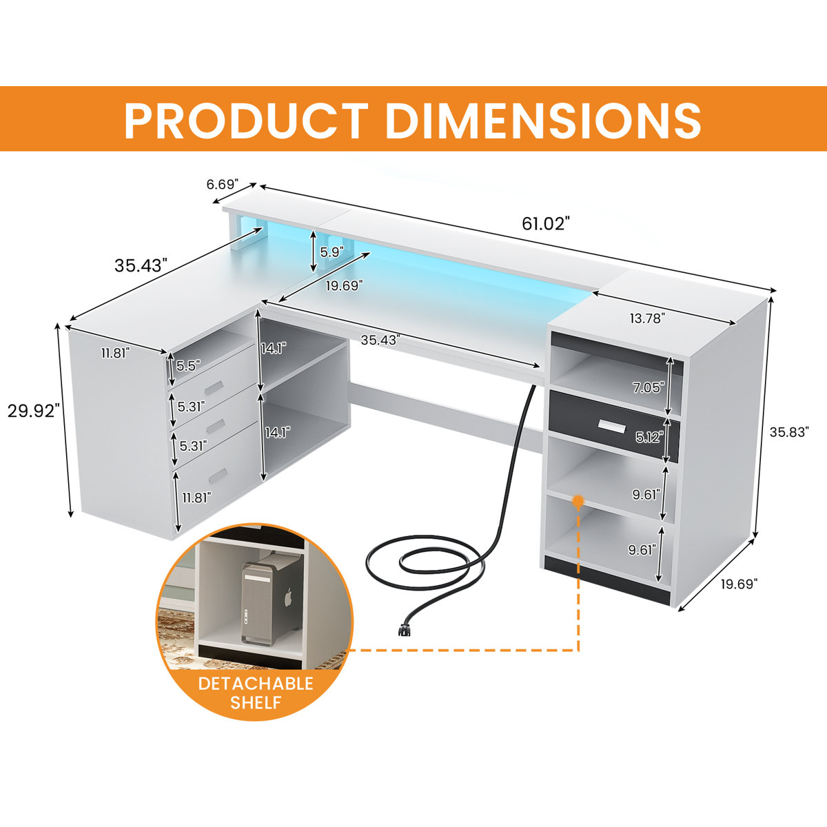 Inbox Zero White Computer Desk With Drawers, 61.02'' Home Office Desk ...