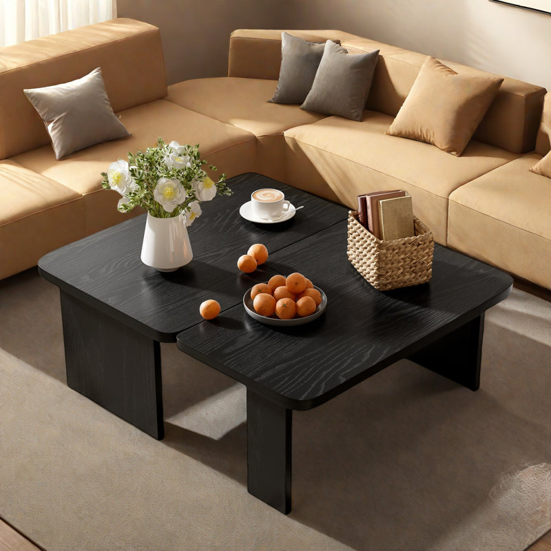 Modern Rectangle Coffee Table Set With Modular L-shape Design, Black