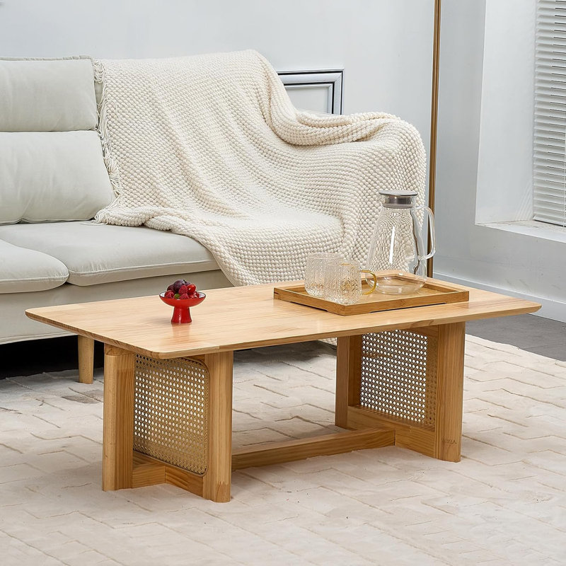 Natural Solid Wood Rectangular Coffee Table with Rattan Stand