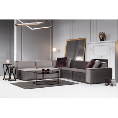 Modern Corner Sofa, Grey Fabric Upholstery, 108.7 x 118.1 x 29.9 inches | Beech Wood & Chipboard Frame, 100% Polyester | Includes 4 Pillows (19.7 x 19.7 inches) | Soft Foam Cushions & Stylish Black Legs - Ideal for Home & Hotel Use