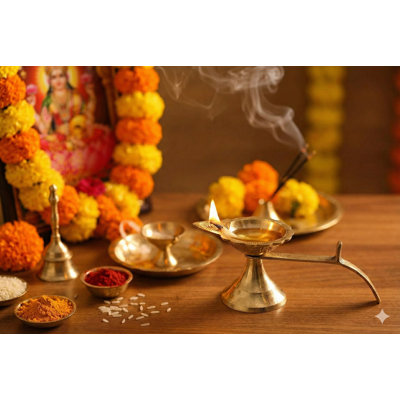 5-Inch Handheld Brass Aarti Oil Lamp, Single-Wick Diya for Ritual & Altar Decor