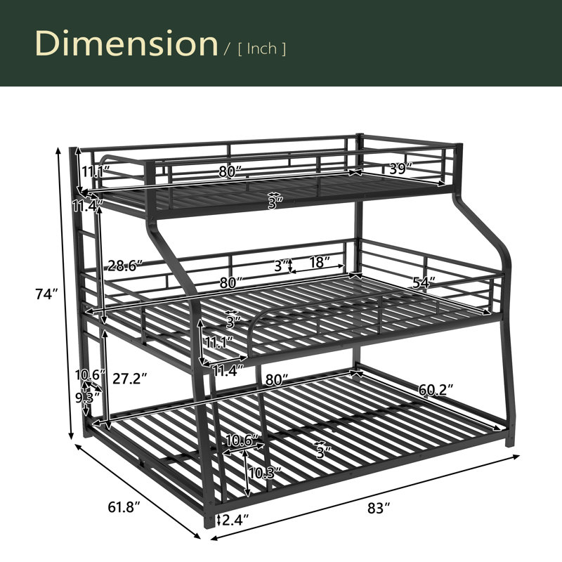 Triple Bunk Bed With Long And Short Ladder And Full-Length Guardrails