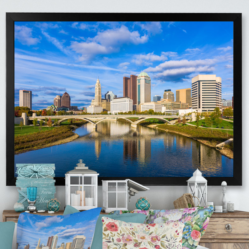 «Columbus Ohio Skyline - Cityscapes Wall Art Living Room», H 34 po x l 44 po x P 1,5 po, Cadre photo noir