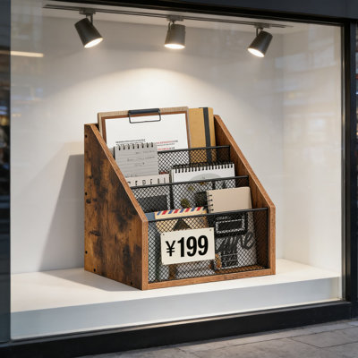 Porte-revues en bois et organisateur de courrier avec mailles métalliques à niveaux pour magazines, livres, journaux et tablettes