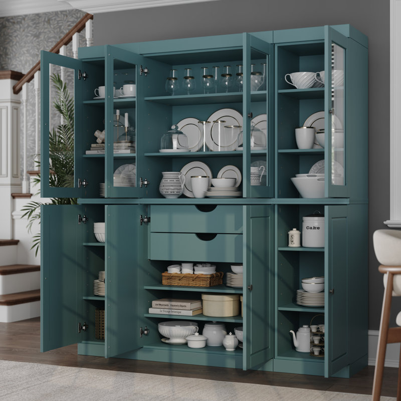 Armoire de cuisine haute 100% en bois massif avec portes en verre et 2 tiroirs, tablettes réglables, armoire de rangement modulaire de cuisine Pulcova, l 65 po x H 71,5 po