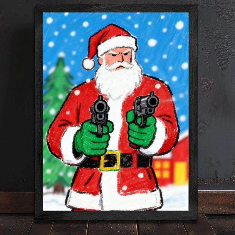«Black Christmas Bold Christmas Santa Claus Rifle Wall Art», impression de cadre festif décalé, H 25 po x l 17 po