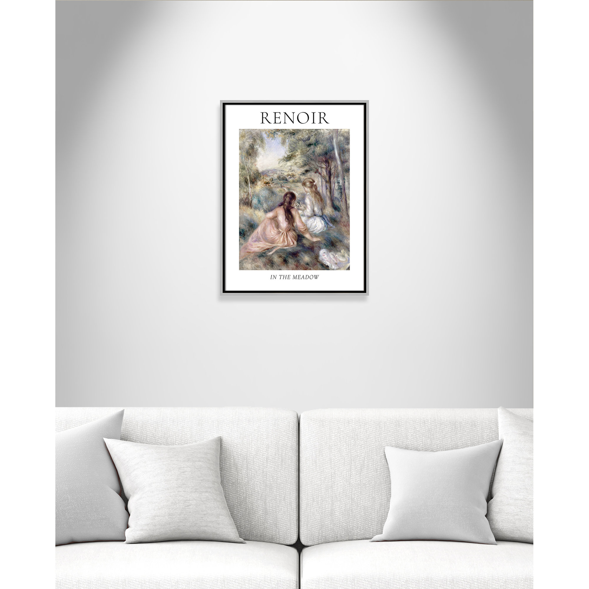 Old Masters Collection " In The Meadow " by Auguste Renoir, Silver Floater Frame, 25.5" H x 19.5" W x 2" D, No