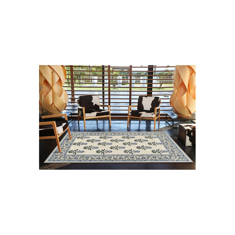 Tapis bleu tissé à motif floral lavable à la machine, Sous-tapis carré 3 pi 3 po inclus