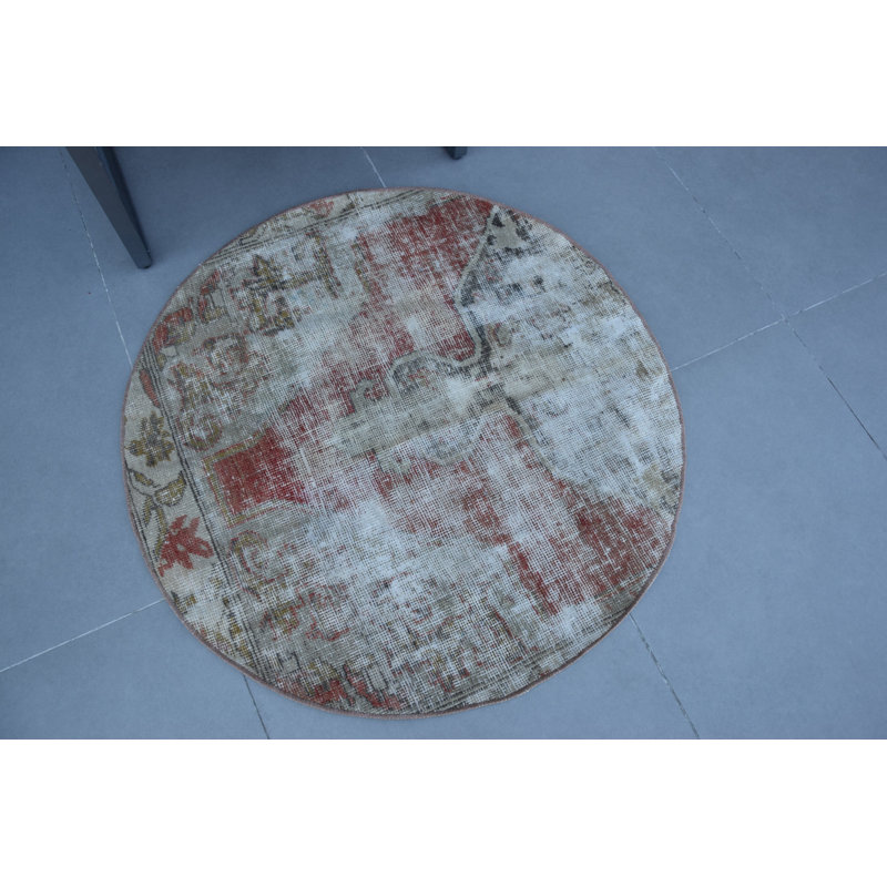 Tapis rétro vintage de style oriental Anatolian turc au design unique - Petit tapis rond en laine antique