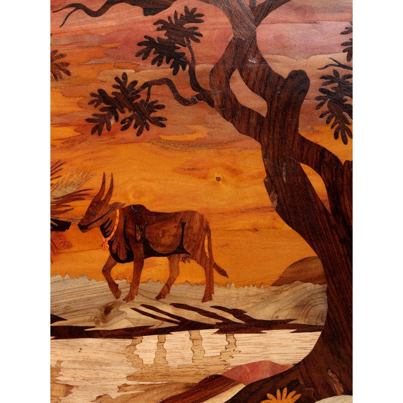 Art mural incrusté de bois de charrette et de villageois fabriqué à la main | Panneau de scène rustique indien de 18 pouces