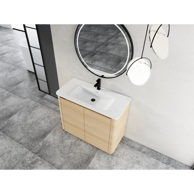 Meuble-lavabo autoportant de 40 po avec lavabo en céramique blanche et 2 portes à fermeture douce, contreplaqué Kd à utiliser, rebords arrondis, lavabo à finition silencieuse facile à nettoyer, porte, meuble contemporain emballé, grand espace de rangement,
