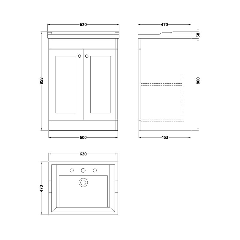 Classique 620 mm Freestanding Single Vanity with Drop In Basin, Satin White, Triple