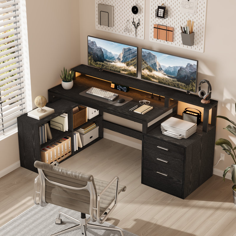 Carolgene 65'' L Shaped Desk with Power Outlets & LED Lights, Black