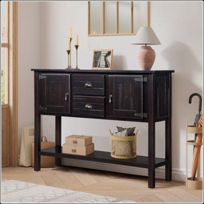 Solid Wood Sideboard Console Table With 2 Drawers And Cabinets And Bottom Shelf, Retro Style Storage Dining Buffet Server Cabinet For Living Room Kitchen Dining Room