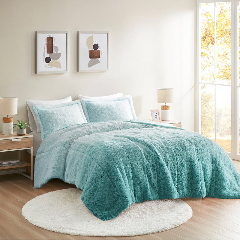 Mini ensemble d'édredon à poils longs Ombre, Turquoise, Édredon simple + 1 taie décorative