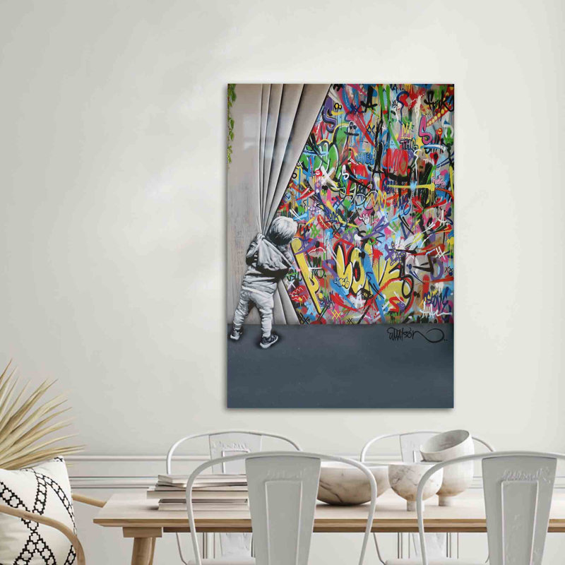 Décoration murale colorée en verre Graffiti Boy mettant en vedette la conception artistique de Banksy pour un style maison unique