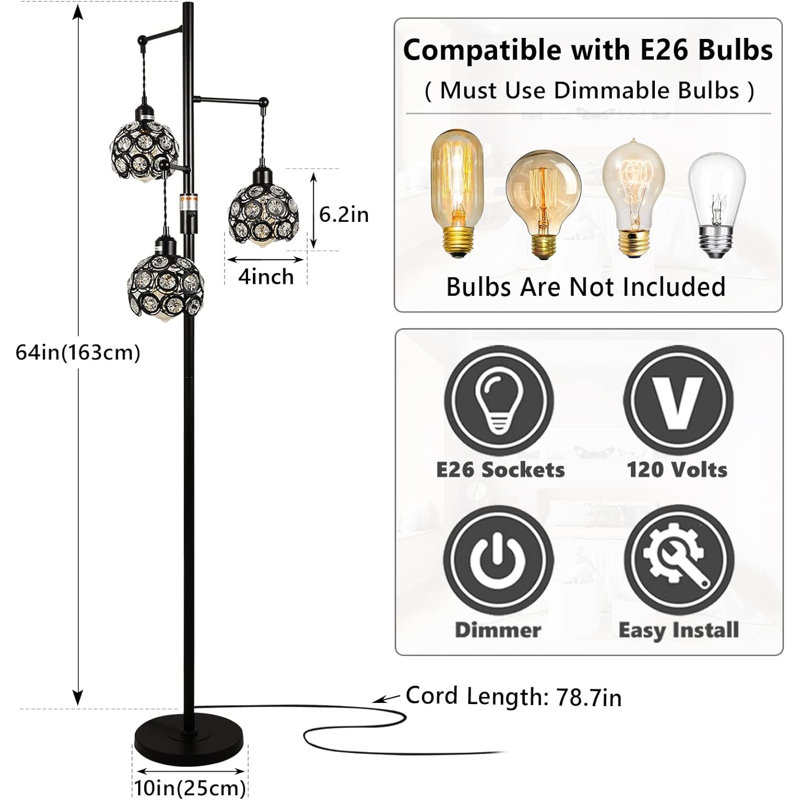64.17'' Black LED Tree Floor Lamp with USB
