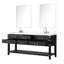 Meuble-lavabo double en chêne noir de 183 cm (L) x 56 cm (P), comptoir en marbre, robinetterie et miroirs de 86 cm, double polissage à la main pour une qualité et une durabilité exceptionnelles.