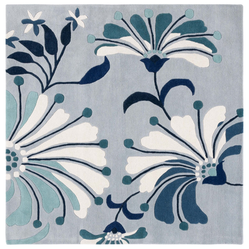 Tapis bleu / ivoire en laine / coton touffeté à la main Soho, Carré 6 pi