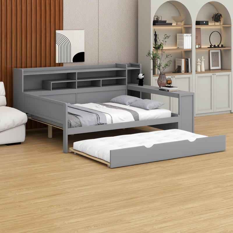 Lit de jour en bois Trundle - tablettes de rangement, bureau d'étude (conception multifonctionnelle), Complet/Double, Gris