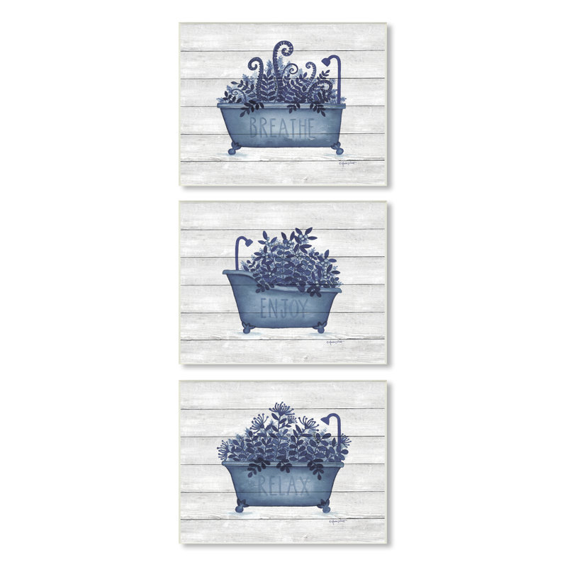 Profitez de la baignoire relaxante à feuillage bleu sur fond rayé 3 pièces Annie Lapoint, Plaque murale, H 19 po x l 13 po