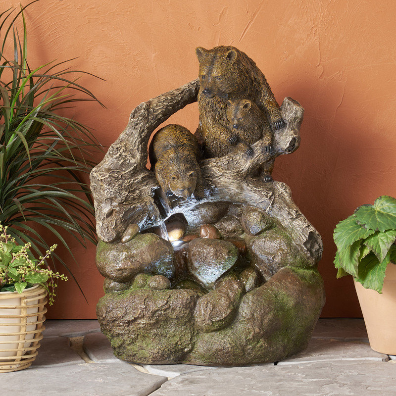 24.75" High CALLAN FOUNTAIN Weather Resistant Floor Fountain with Light, Light Brown + Moss
