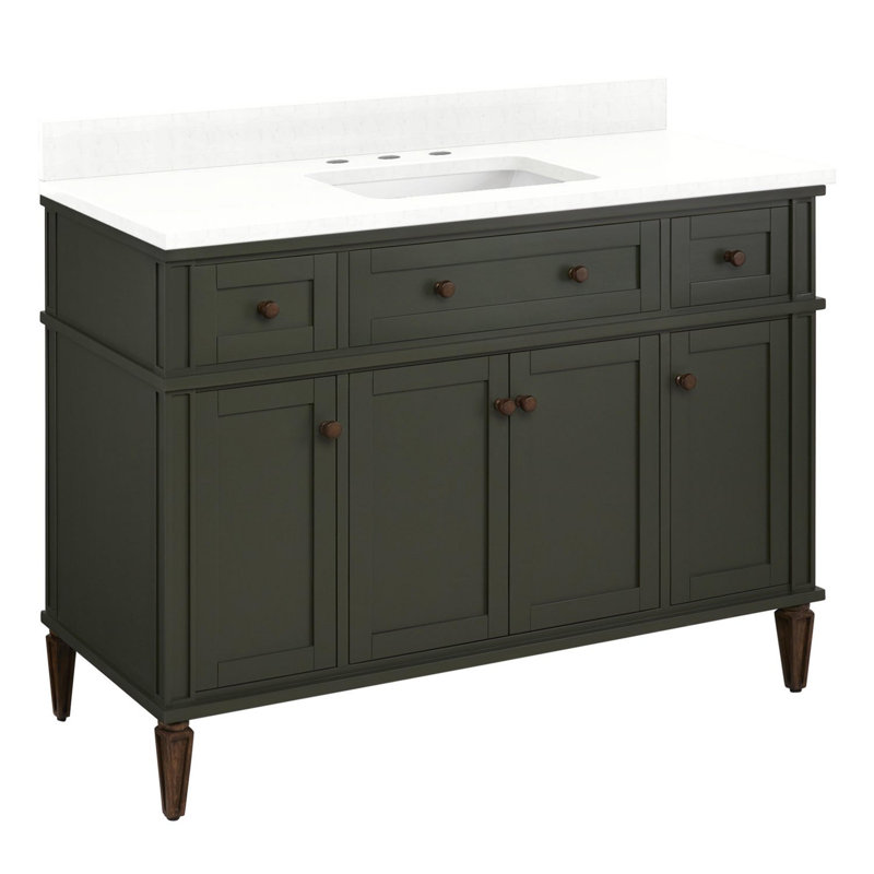48" Elmdale Vanity for Rectangular Undermount Sink, Feathered White Quartz, Dark Olive Green, 8" Widespread