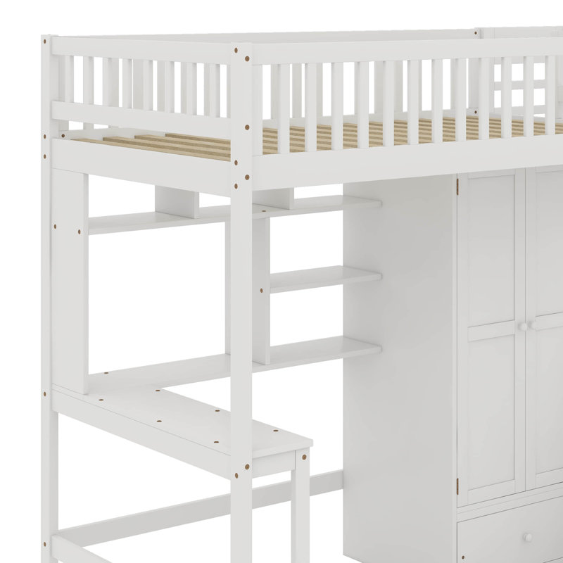 Lit mezzanine simple avec bibliothèque, tiroirs, bureau et garde-robe, Blanc