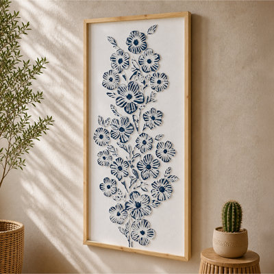 Art mural embossé blanc bleu floral, grande décoration murale botanique encadrée en métal 3D 20 x 43 bord de mer Boho Farmhouse pour salon salle de bain chambre à coucher grande décoration murale tropicale étroite