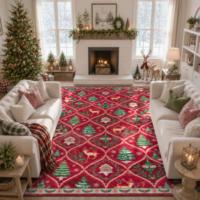 Laziya Christmas Moroccan Vintage Animal Print Washable Non Slip Red Area Rugs Festive Holiday Carpet