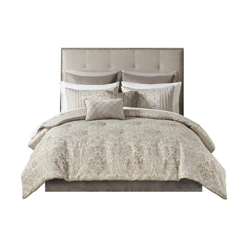 Édredon 12 pièces en kaki pour grand lit, avec motif, fil doré métallique et taies d'oreiller dorées, drap en microfibre douce