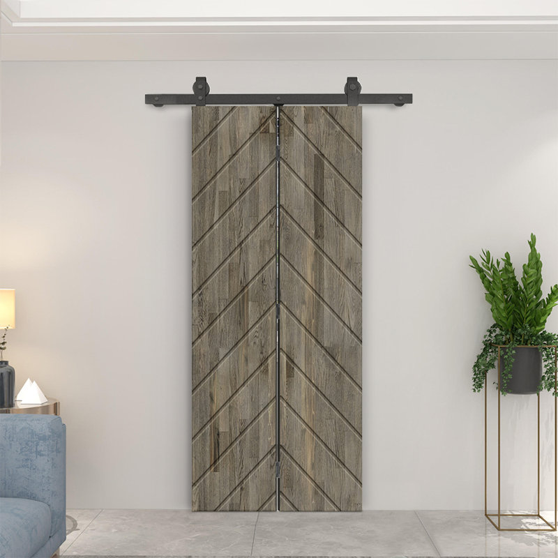 Porte de grange pliante en bois de pin teinté avec quincaillerie coulissante, 34 po x 80 po, Gris patiné
