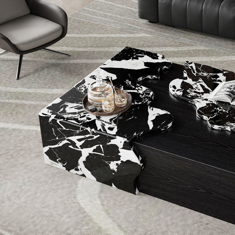 Exquisite Contemporary Stream Form Marble Coffee Table With Flowing Water Form Finish And Wood Veneer Base, Rectangular Black