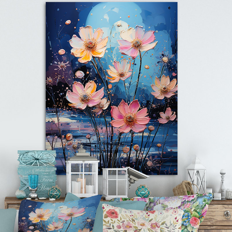 «Zinnias Blooms» sur toile rose, Toile tendue, H 40 po x l 30 po x P 1,5 po