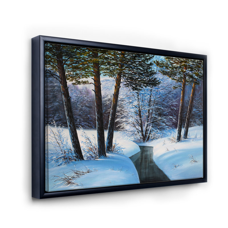 Forêt de Noël avec rivière et arbres III - peinture sur toile, H 30 po x l 40 po x 1,5 po, Cadre flottant noir