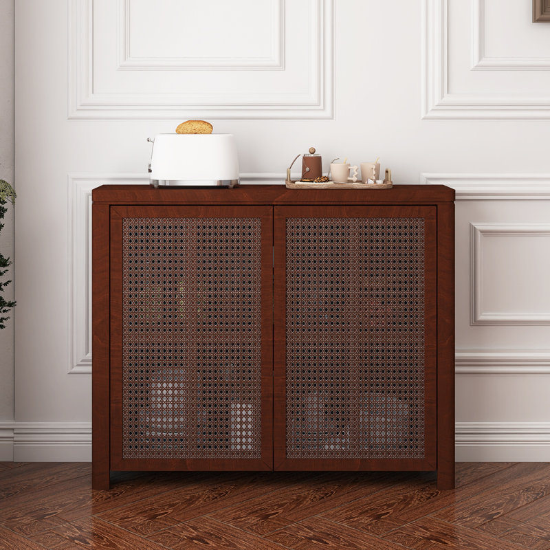 Buffet Mid-Century en rotin avec 2 trous de sortie, crédence de bar à vin et café, Noyer