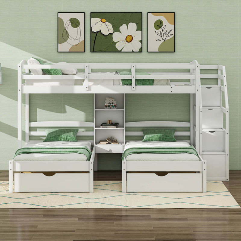 Triple lits superposés avec escalier et tiroirs de rangement, lit superposé simple au-dessus de simple et simple, structure en bois avec 3 lits superposés et tablettes intégrées